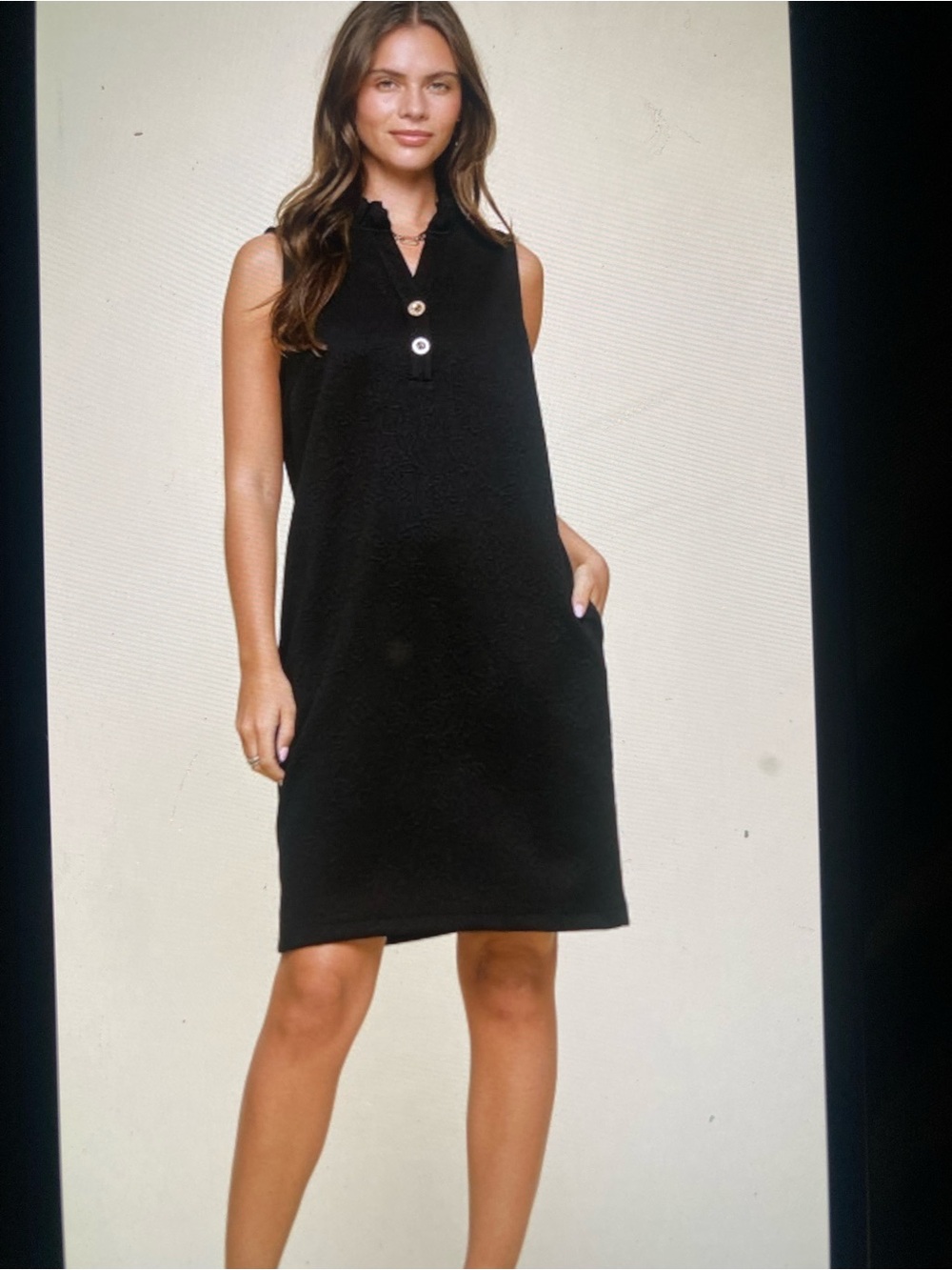 Sleeveless Black Embroidered Dress with Button Placket